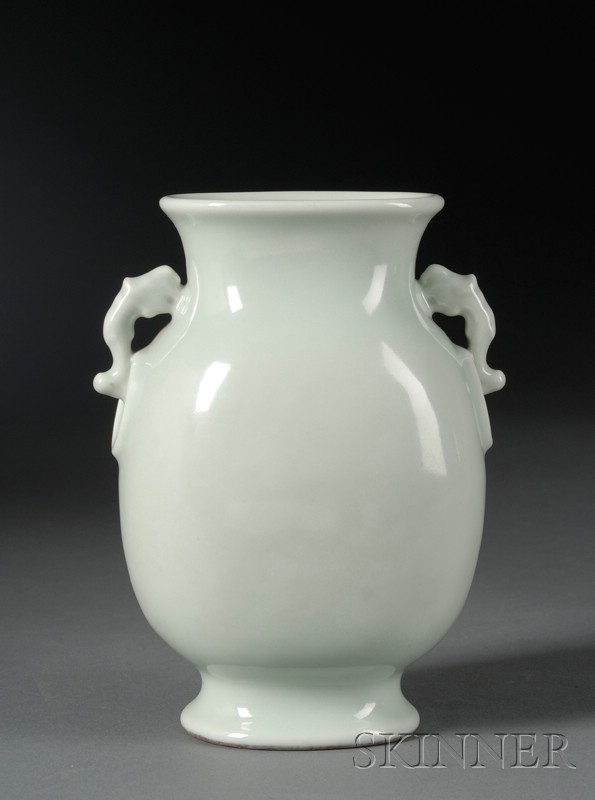 Appraisal: Celadon Vase China th century pale green flattened oval form