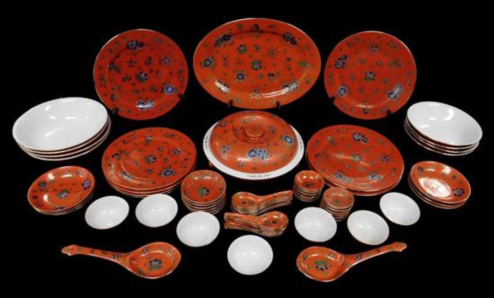 Appraisal: ASIAN Porcelain dinner service with orange ground blue flowers and