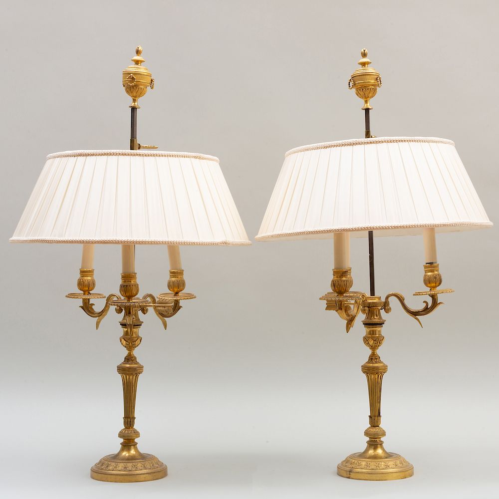 Appraisal: Pair of Louis XVI Style Gilt-Bronze Candelabra Mounted as Lamps