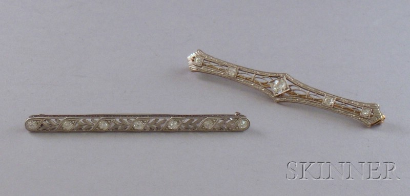 Appraisal: Two Art Deco Diamond Bar Pins one with seven diamonds