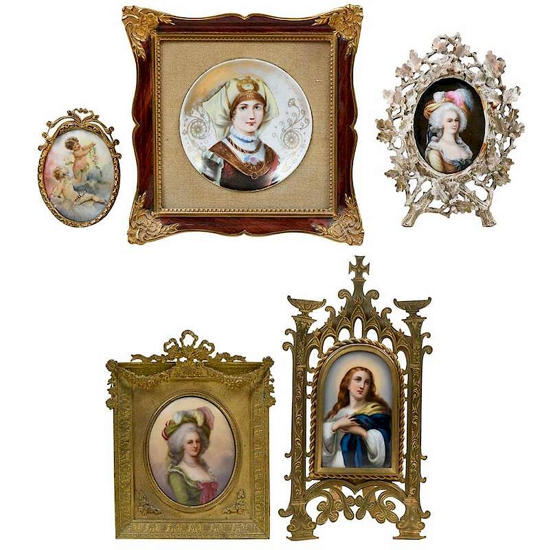 Appraisal: Five Framed Hand Painted Porcelain Plaques Continental ovoid and circular