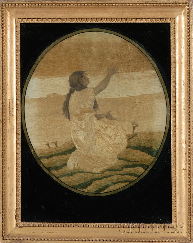 Appraisal: English Silk Needlework and Painted Paper Picture c depicting a