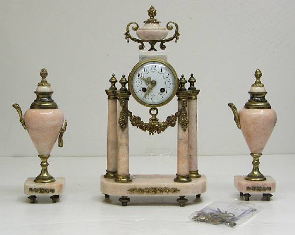 Appraisal: A Louis XVI style brass and pink marble three piece