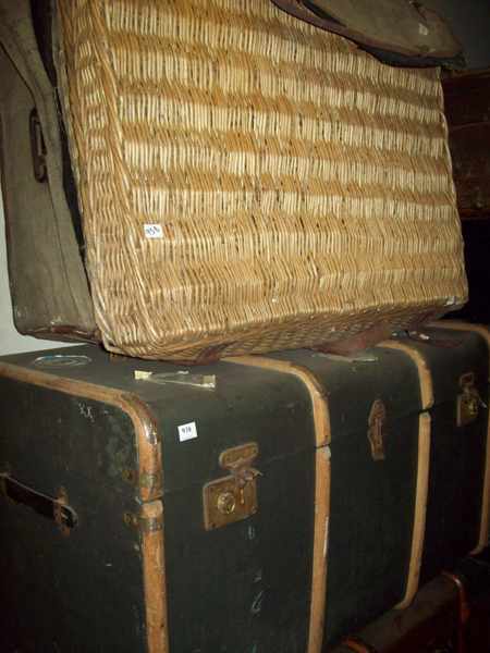 Appraisal: A LARGE CANE TRAVELLING BASKET AND ONE LARGE WOODEN BOUND