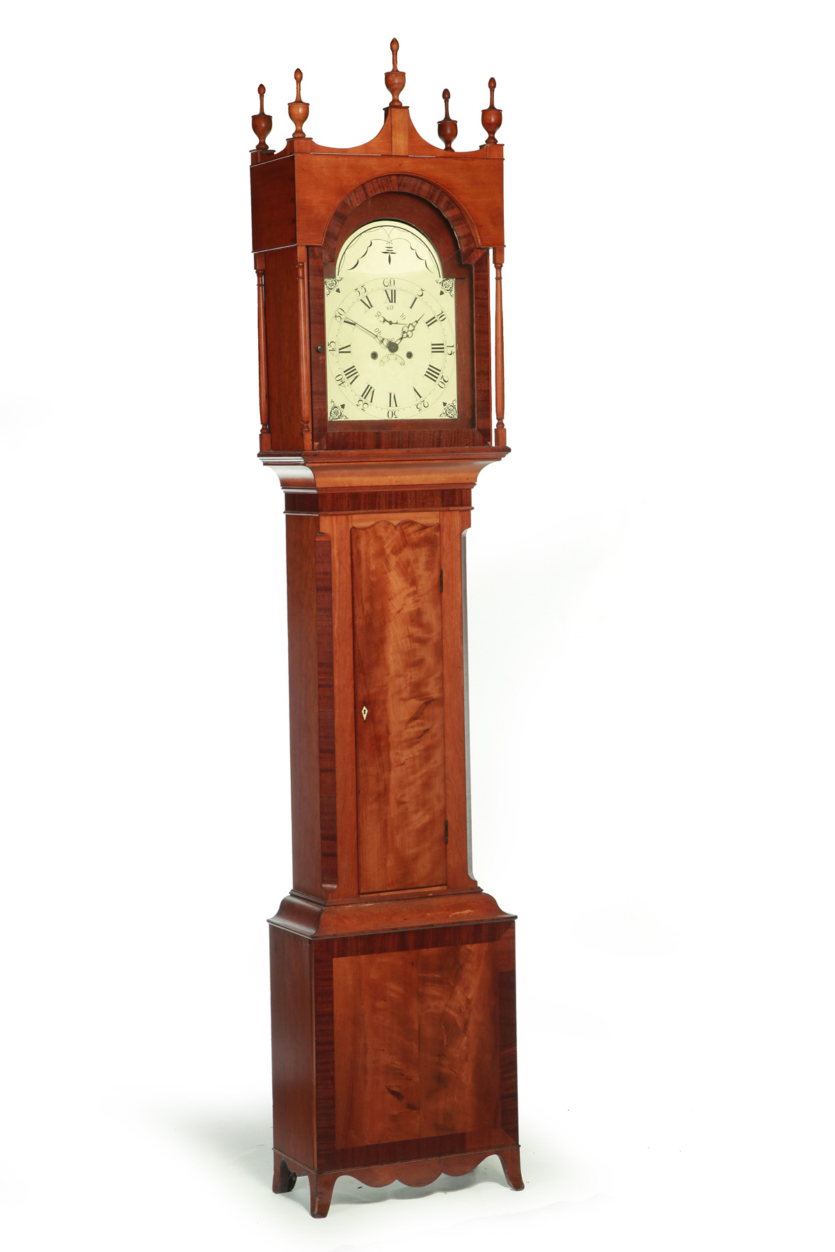 Appraisal: PENNSYLVANIA HEPPLEWHITE CASTLE-TOP CLOCK Early th century cherry Shaped door