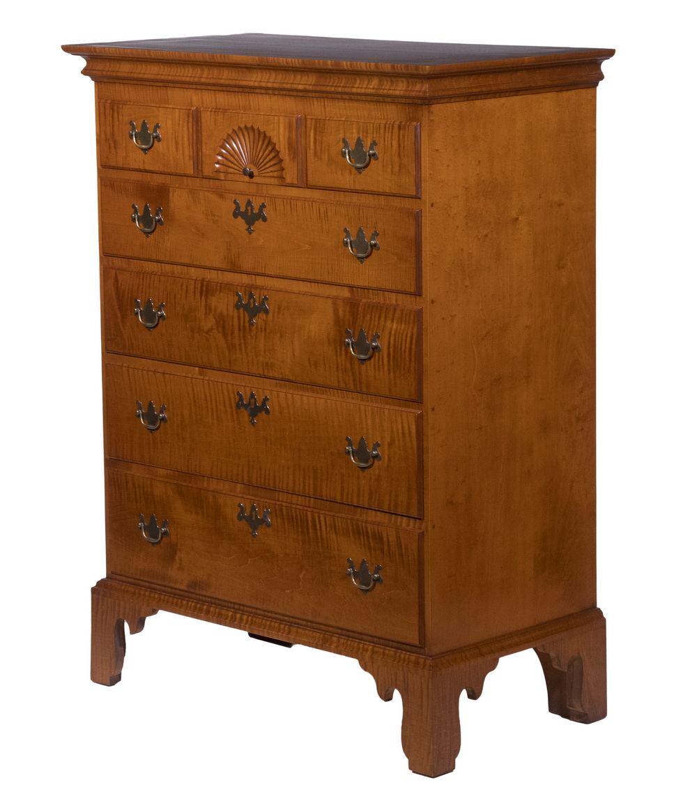 Appraisal: ELDRED WHEELER TIGER MAPLE CHEST Chippendale Style Five-Drawer Chest in