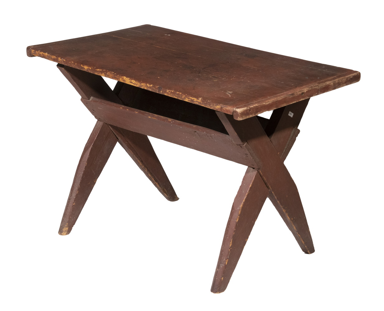 Appraisal: EARLY SAWBUCK TABLE th c Small Red Painted Pine Table