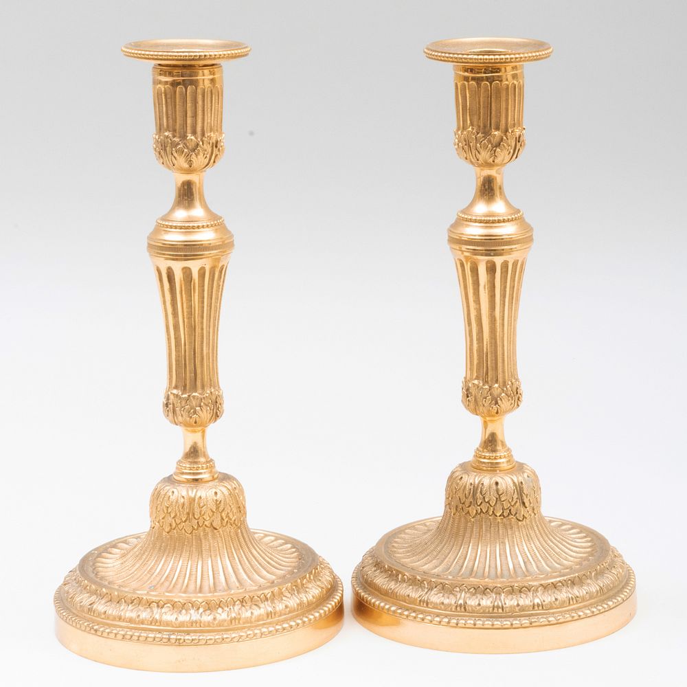 Appraisal: Pair of Louis XVI Style Gilt-Bronze Candlesticks x in Gracious