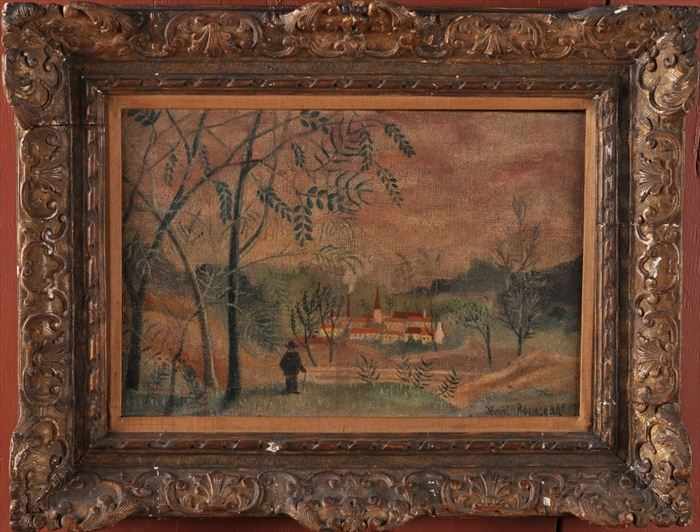 Appraisal: EUROPEAN SCHOOL LANDSCAPE WITH VILLAGE AND FIGURE Oil on canvas