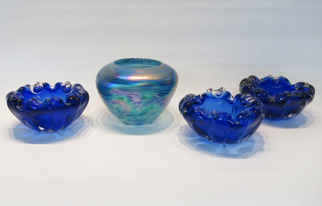 Appraisal: FOUR ART GLASS VESSELS including iridescent oil lamp bowl signed