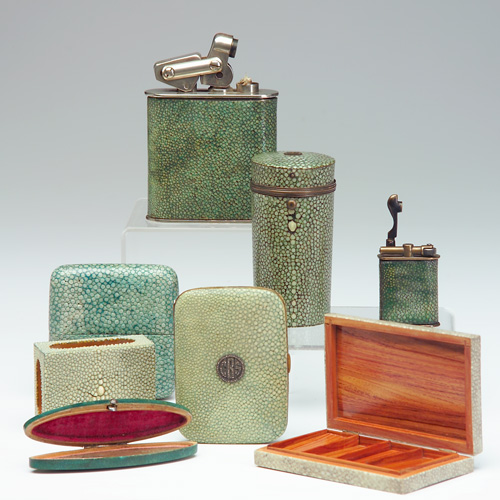 Appraisal: SHAGREEN Eight shagreen items two lighters matchbox holder stamp box