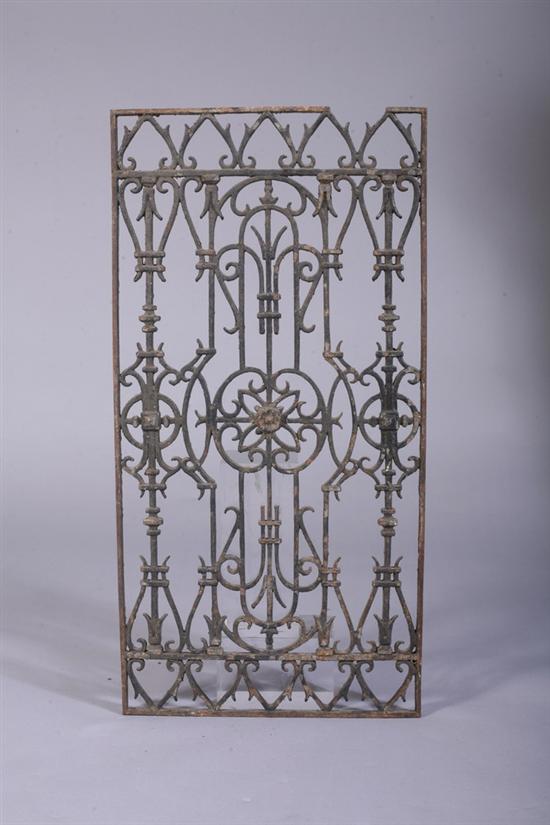 Appraisal: GROUP THREE PATINATED WROUGHT-IRON GRILLS th century One vertical and