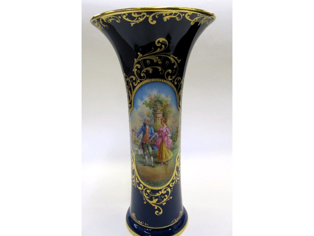 Appraisal: Blue ground Dresden vase painted with a strolling couple and