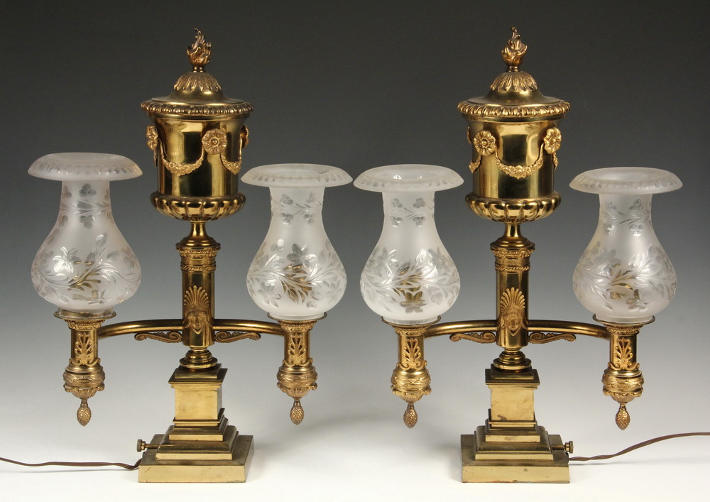 Appraisal: PAIR OF ARGAND LAMPS - Period Brass Two Stem Argand