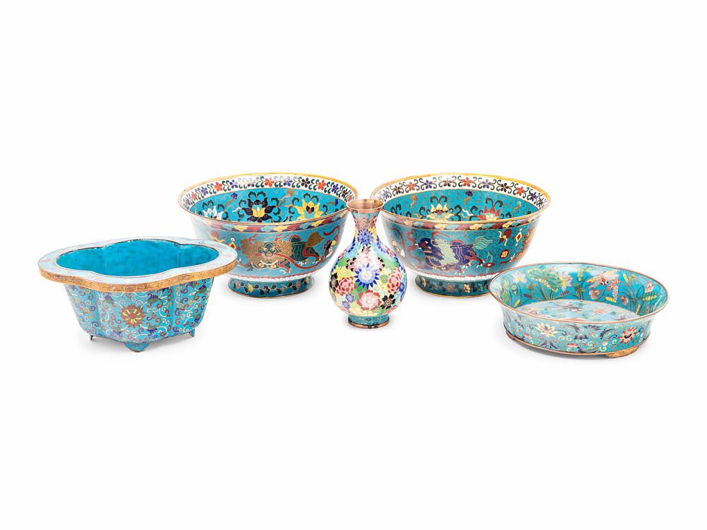 Appraisal: Five Chinese Blue Ground Cloisonne Enameled Articles Five Chinese Blue