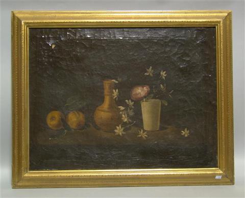 Appraisal: TH CENTURY CARAVAGESQUE STILL LIFE Oil on canvas x in