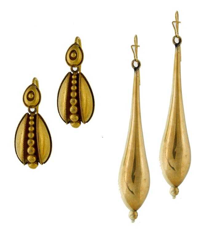 Appraisal: TWO PAIRS OF ENGLISH GOLD EARRINGS one of plain drop