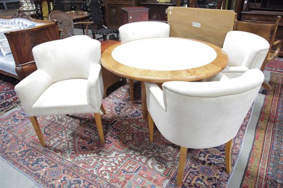 Appraisal: CONTEMPORARY TABLE AND CHAIRS Round top table with mottled marble