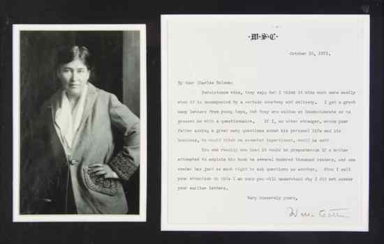 Appraisal: CATHER WILLA Typed letter signed ''Willa Cather'' one page October