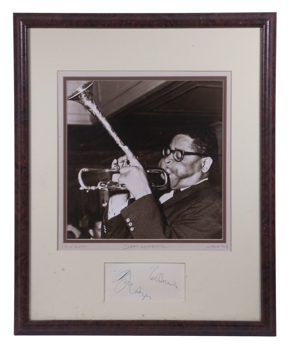 Appraisal: REPRINT OF DIZZY GILLESPIE PHOTO WITH ORIGINAL AUTOGRAPHED CARD IN