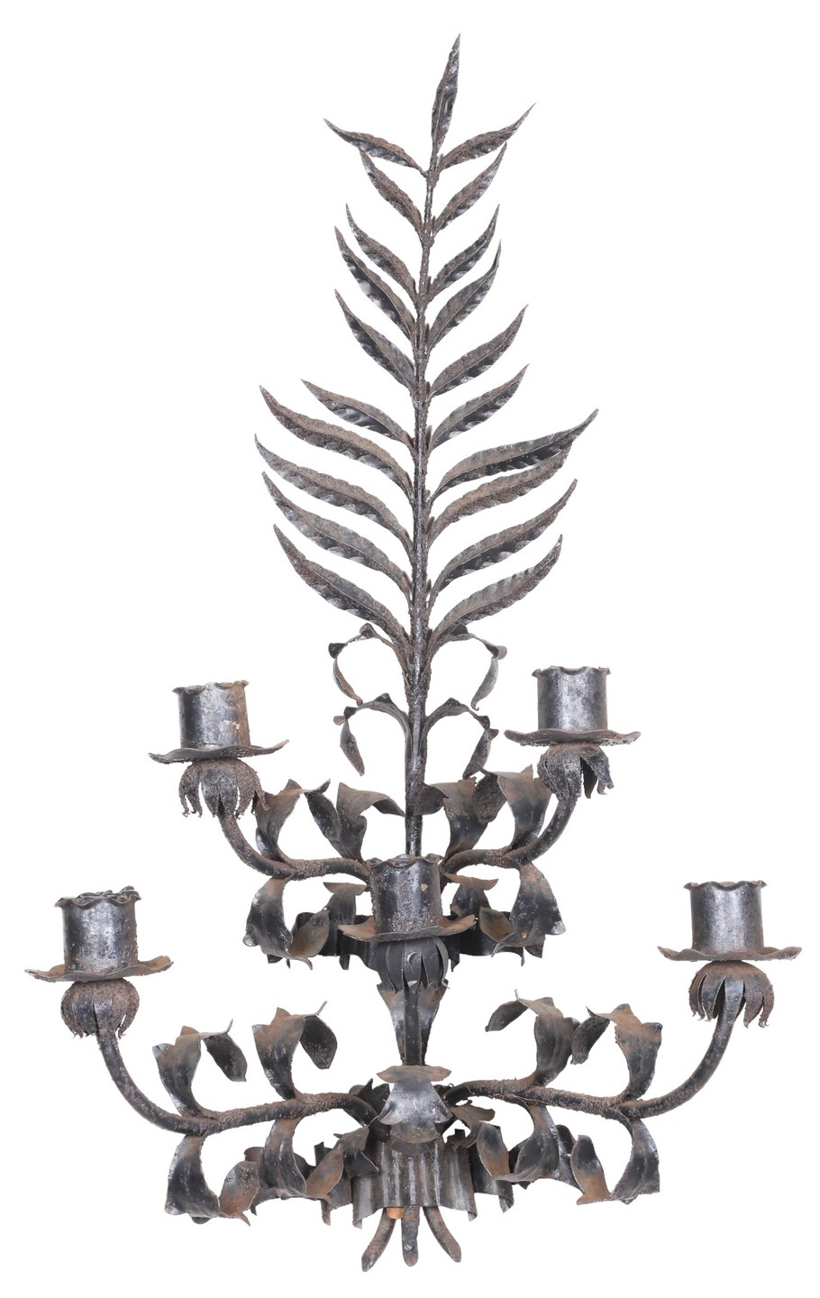 Appraisal: Iron hanging wall sconce leaf and floral decoration candleholders h