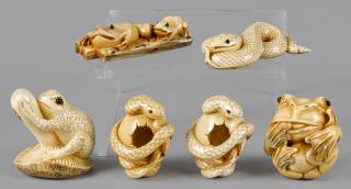 Appraisal: Six Japanese Meiji period carved ivory snake and frog netsukes