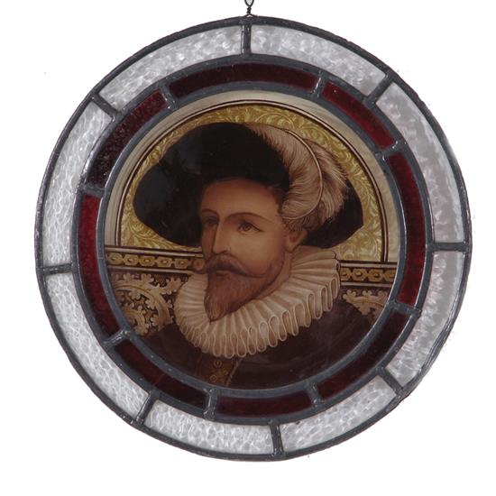 Appraisal: Stained glass panel portrait of Elizabethan man Dia