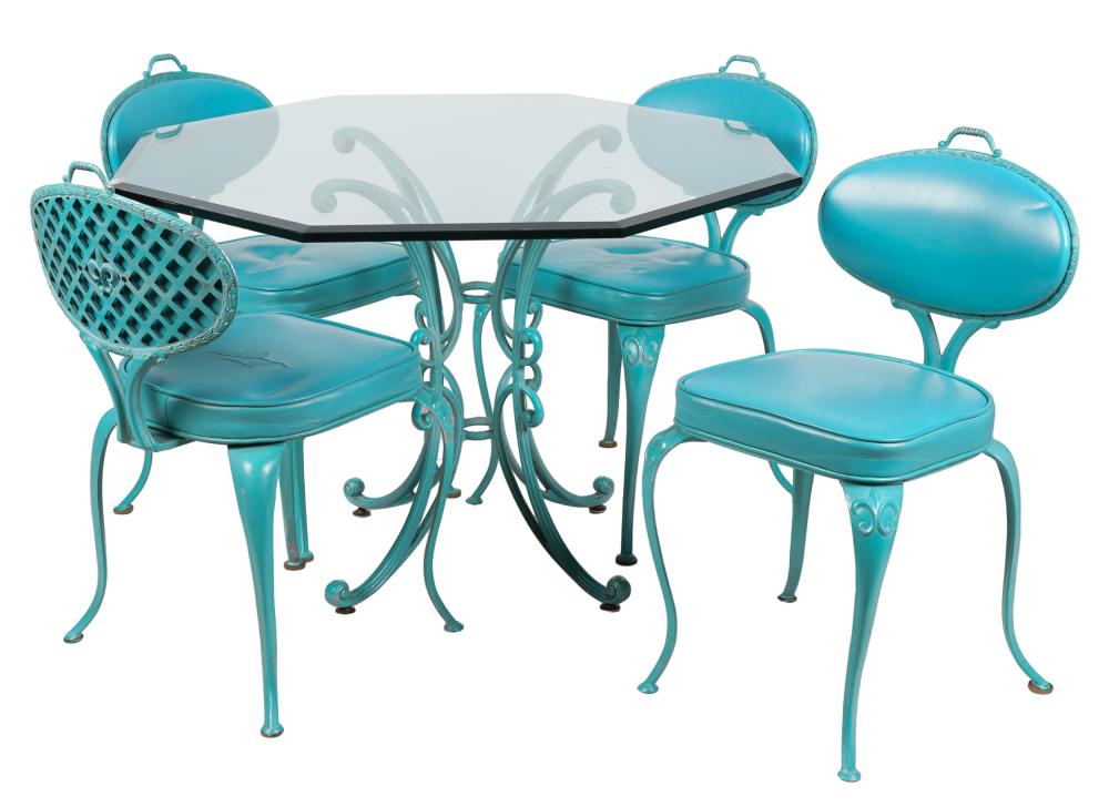 Appraisal: PAINTED IRON PATIO TABLE FOUR CHAIRSThinline turquoise painted with an