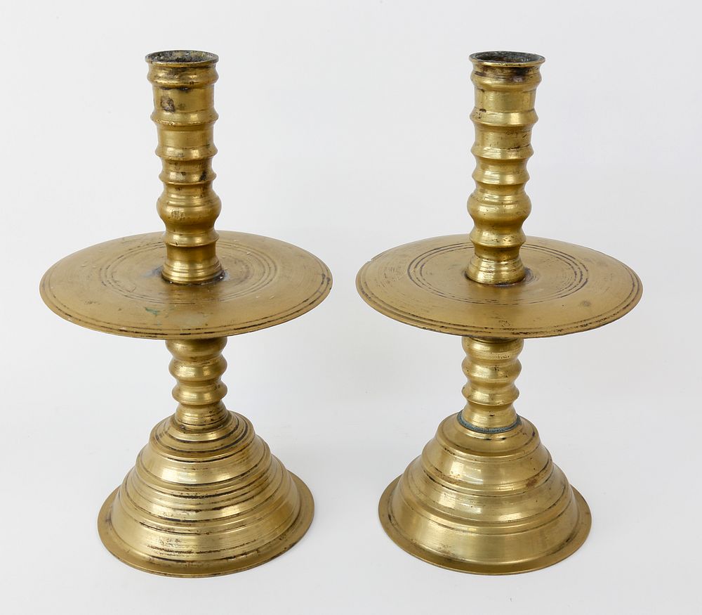 Appraisal: Pair of Dutch or English Brass Trumpet Base Bobeche Candlesticks