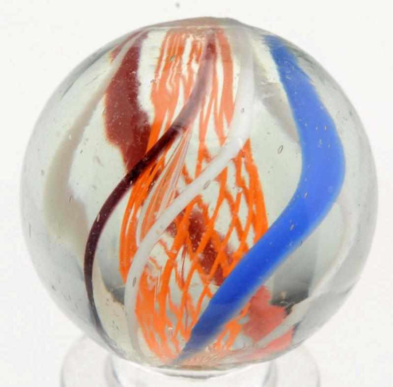 Appraisal: Orange Latticino Swirl Marble Orange latticino with outer decoration in