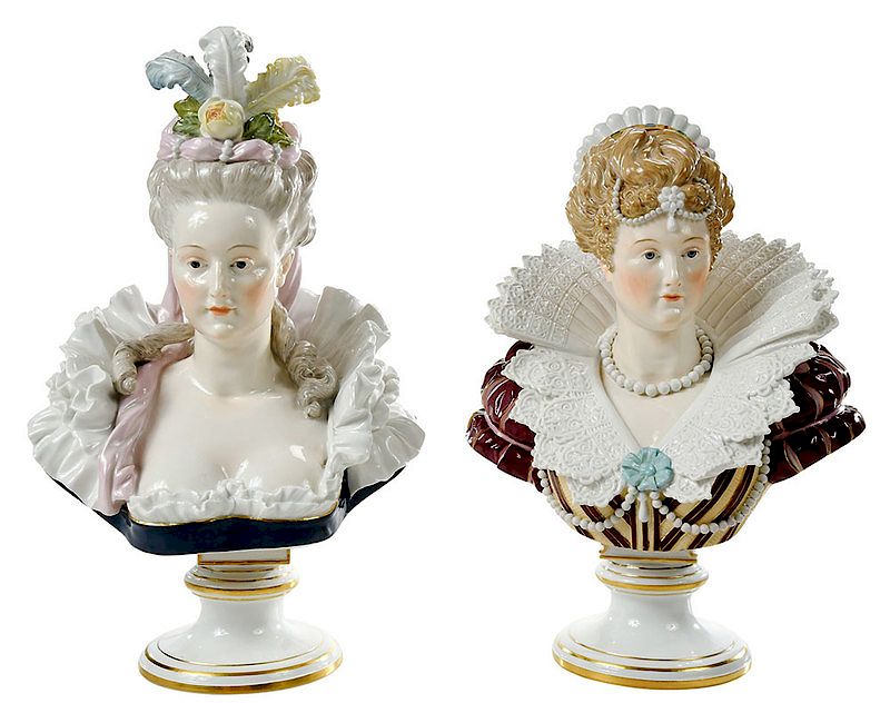 Appraisal: Pair Meissen Painted Porcelain Busts German circa Elizabeth I blue