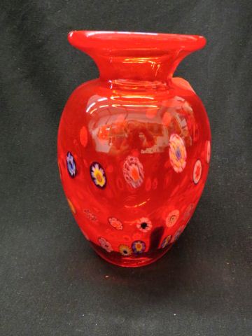 Appraisal: Italian Art Glass Vase milefoiri murrines in rich red excellent