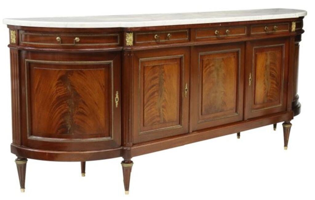 Appraisal: French Louis XVI style marble-top mahogany sideboard th c case