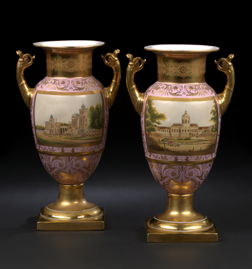 Appraisal: Large Pair of Continental Richly Gilt Rose du Barry-Ground Porcelain