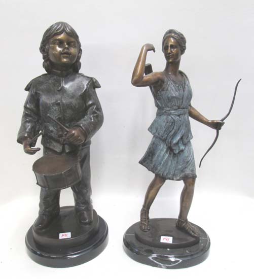 Appraisal: TWO FIGURAL BRONZE SCULPTURES depicting a standing Classical Revival girl