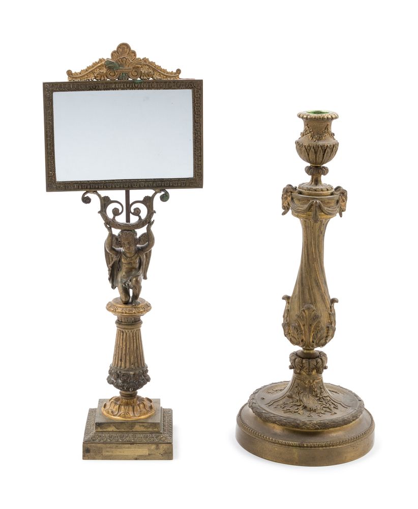 Appraisal: A French Gilt Bronze Candlestick and Figural Mirror A French