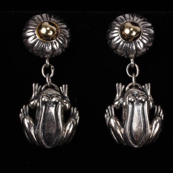 Appraisal: Sterling Frog Dangle Earring with k Yellow Gold Flower Marked