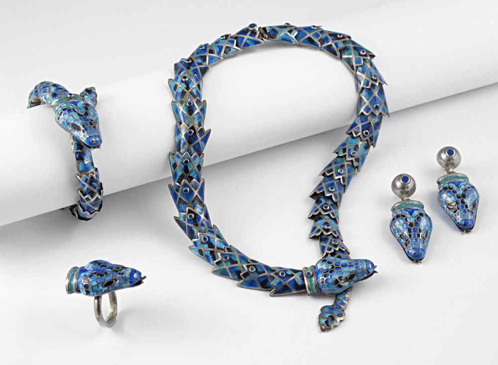 Appraisal: MEXICAN STERLING SILVER ENAMEL SNAKE SUITE Articulated snake jewelry with