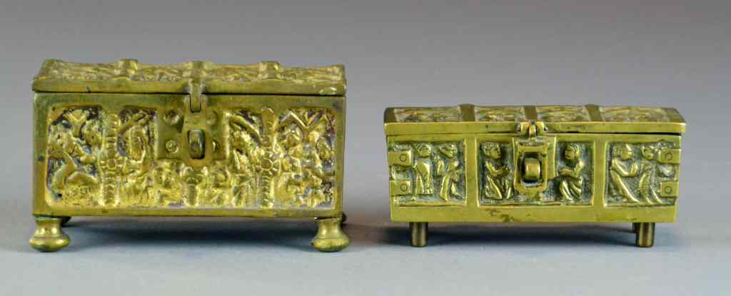 Appraisal: German Brass Gothic Casket BoxesTo include two brass gothic casket