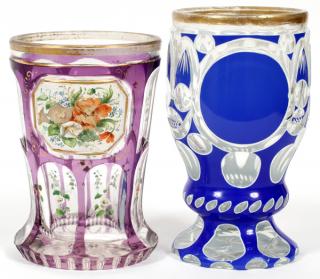 Appraisal: GERMAN OVERLAY COLORED CUT GLASS BEAKERS TH C GERMAN OVERLAY