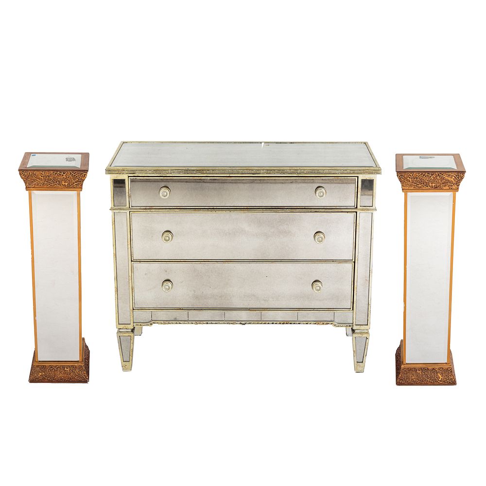 Appraisal: Three Piece Suite of Mirrored Furniture Including a three-drawer silvered