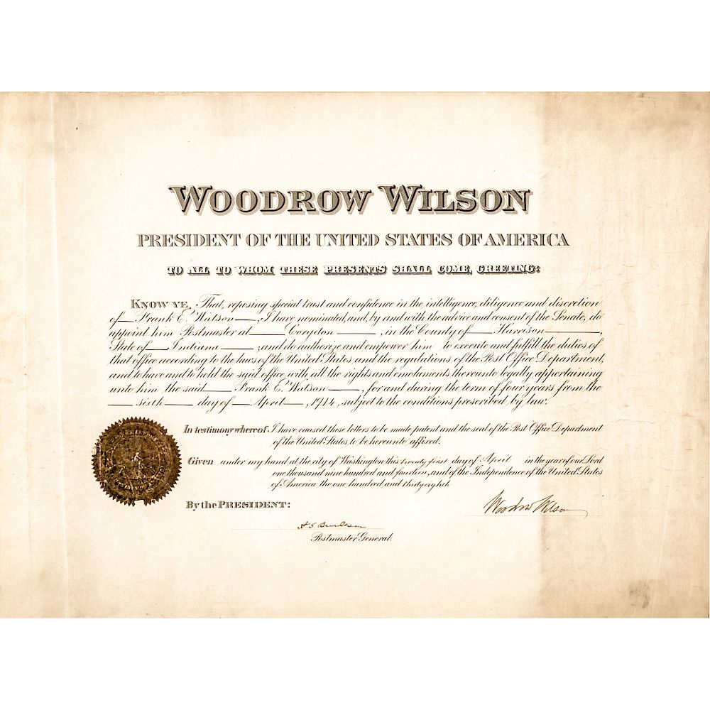 Appraisal: WOODROW WILSON Presidential Appointment Signed with Postmaster General Autographs Woodrow