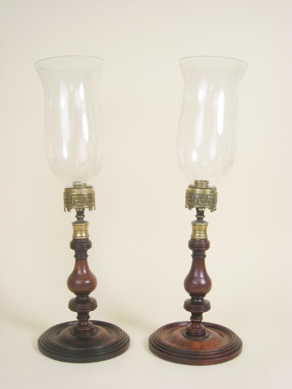 Appraisal: Pair of early th Century mahogany Candle Lamps with storm