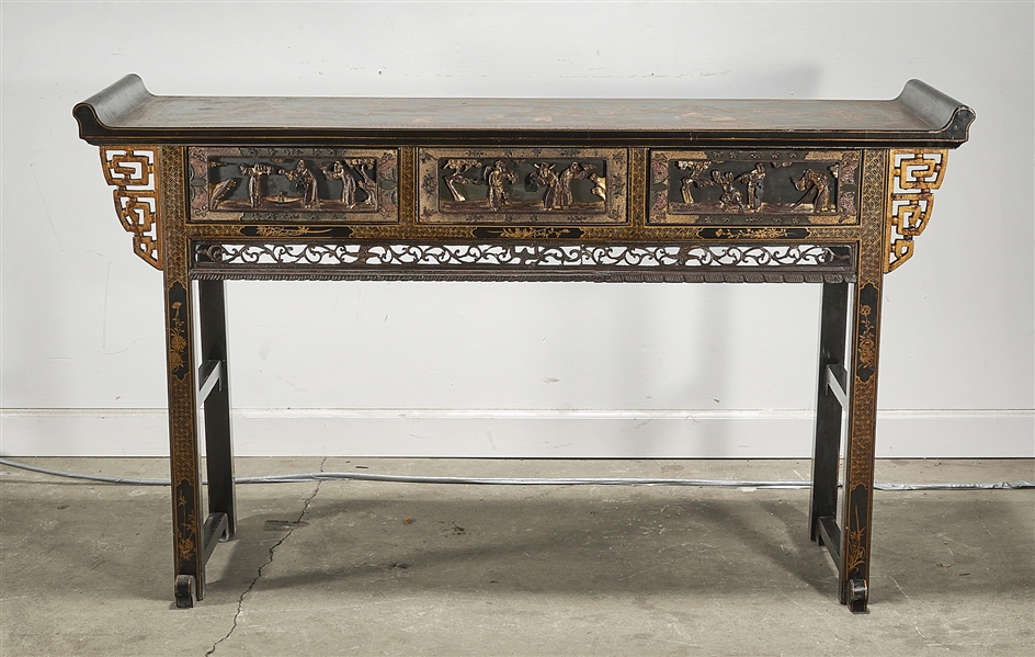 Appraisal: Chinese painted hard wood altar table top showing children at