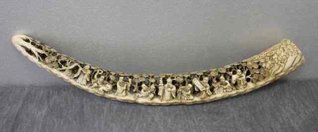 Appraisal: Ivory Asian Tusk with Figural Carvings From a Jamaica NY