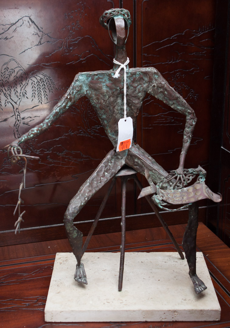 Appraisal: Abstract copper sculpture of a fishmonger Condition Verdigris and wear