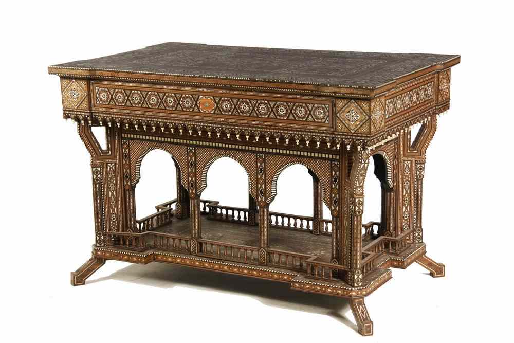 Appraisal: SYRIAN MARQUETRY TABLE - th c Syrian Mosaic Marquetry Center