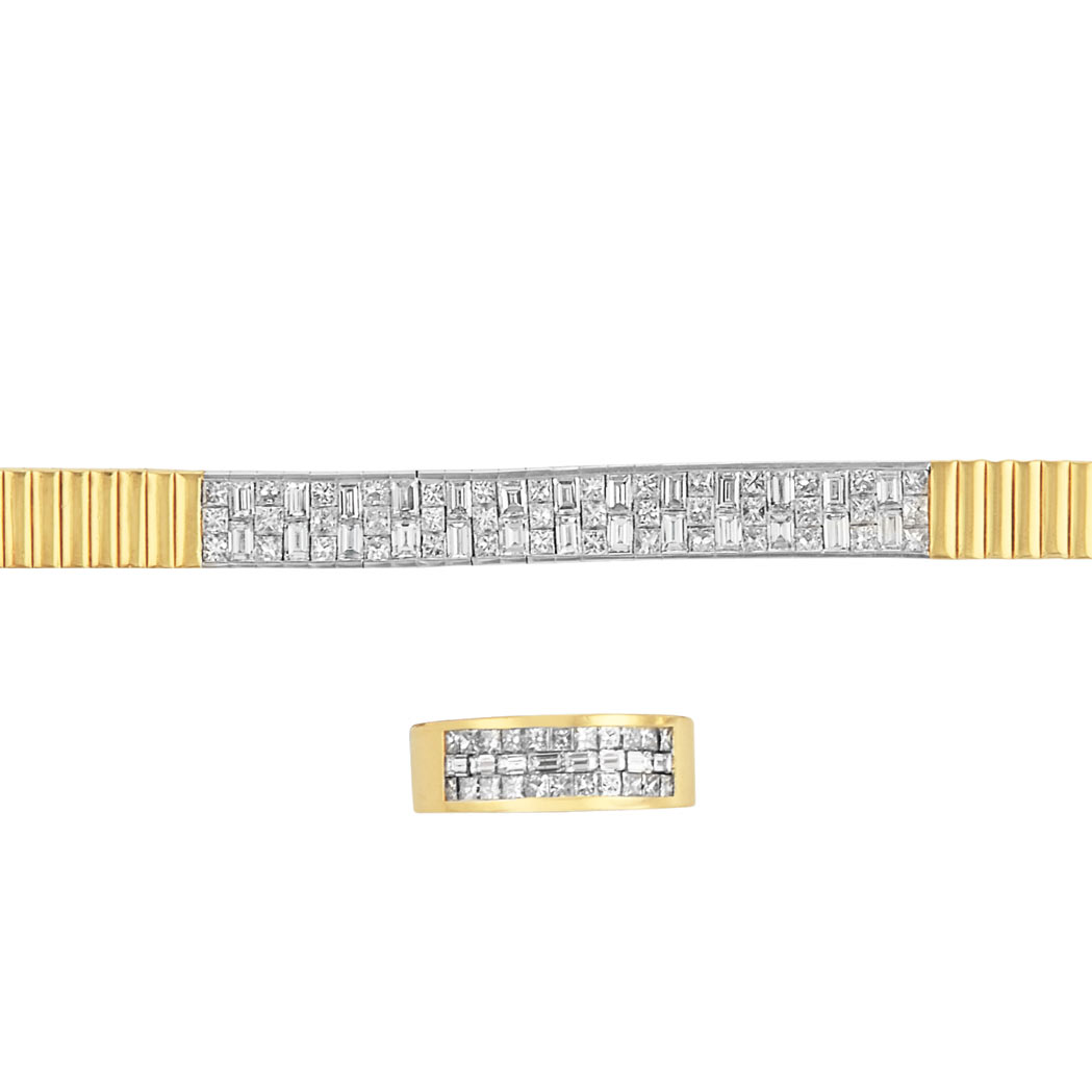 Appraisal: Two-Color Gold and Diamond Bracelet and Band Ring kt yellow