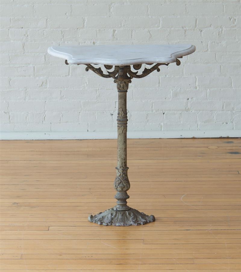 Appraisal: FRENCH PETITE MARBLE TOP CAST-IRON CONSOLE TABLE x x in