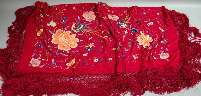 Appraisal: Magenta Embroidered Piano Shawl decorated with birds and flowers with